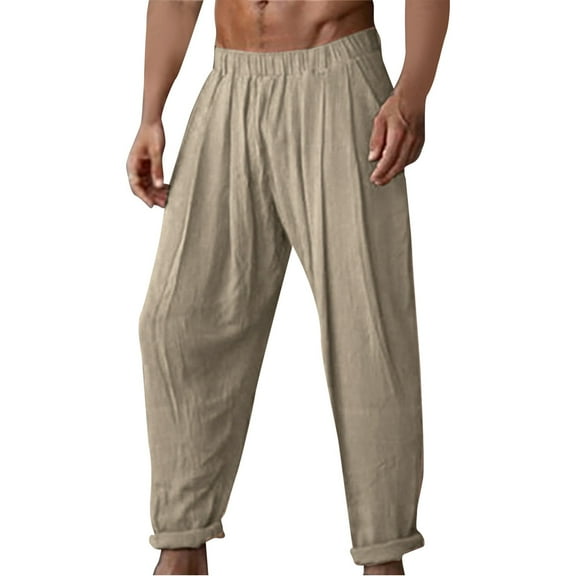 WREESH Men's Beach Pants Summer Cotton and Linen Pocket Elastic Belt Straight Breathable Solid Color Pants Khaki