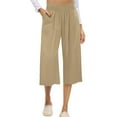 thumbnail image 3 of Linen Capri Work Pants for Women Comfy Elastic Bell Bottom Lightweight Cropped Pants High Waist Stretch Work Palazzo Pants with Pockets Khaki M, 3 of 5
