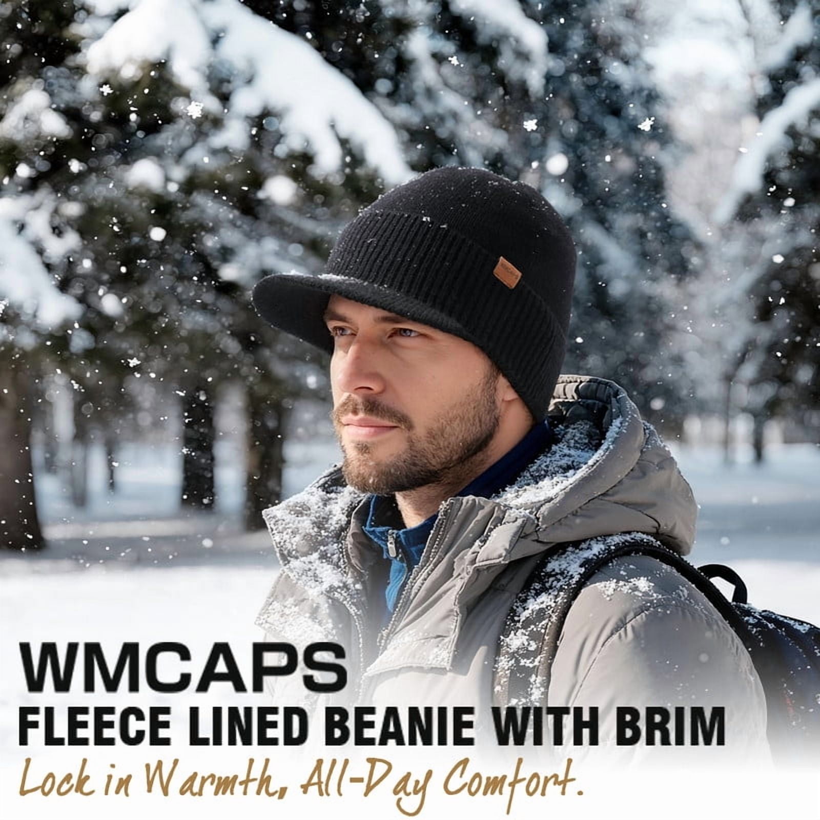 WMCAPS Mens Winter Beanie with Brim - Fleece Lined Thermal Knit Visor Hat for Cold Weather (Slate Gray)