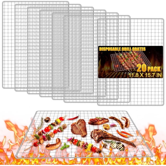 20 Pack Disposable Grill Topper, 11.8 X 15.8 Inch Disposable Grill Grates, Stainless Steel Barbecue Mesh Mat, BBQ Roasting Racks, Baking Rack Grid Grates for Camping Picnics Outdoor BBQ