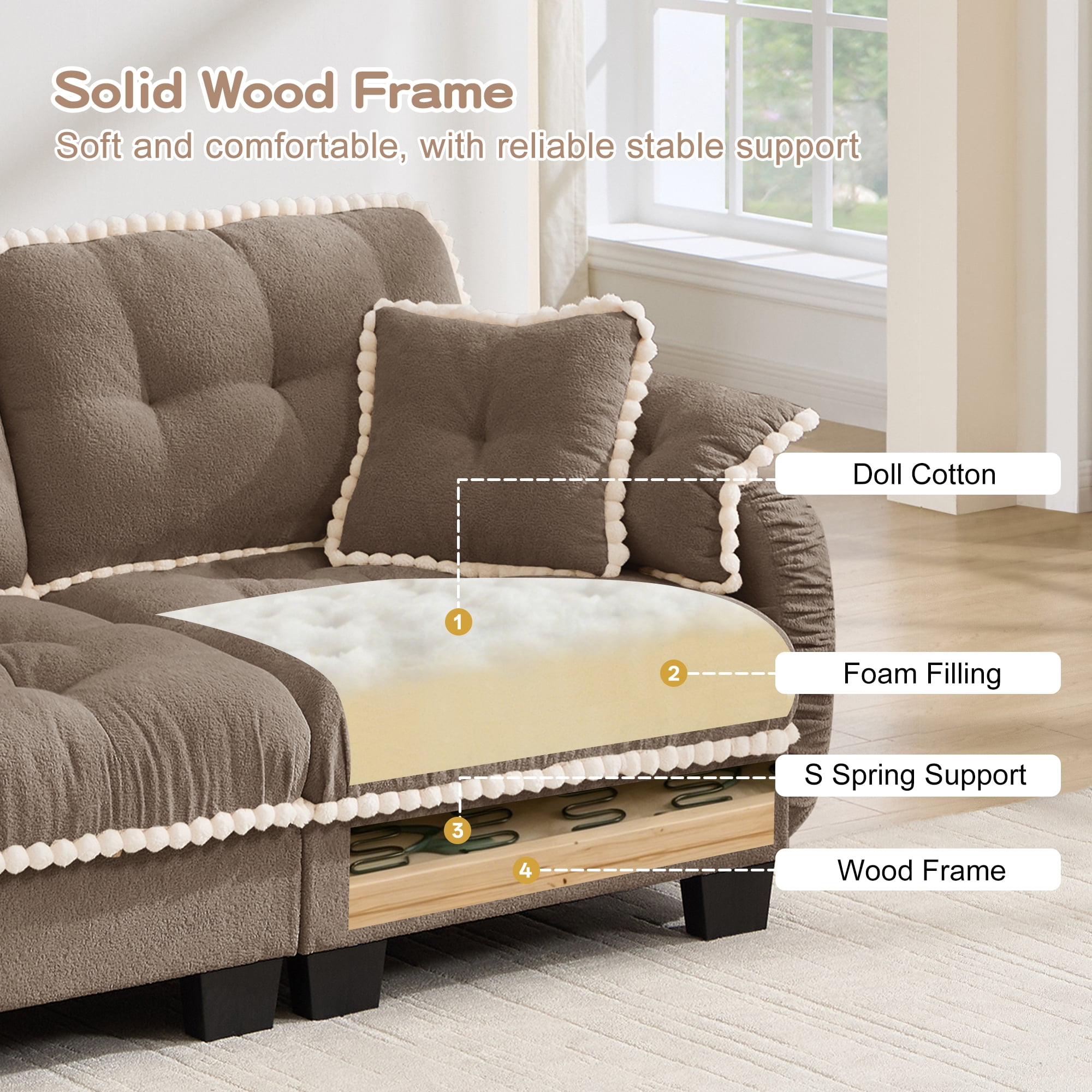 Anpport 70" Chenille Cloud Loveseat with 4 Pillows, Pom‑Pom Trim, Quilted Tufted Ergonomic, Easy Assembly Deep Seat for Living Room Apartment, Brown