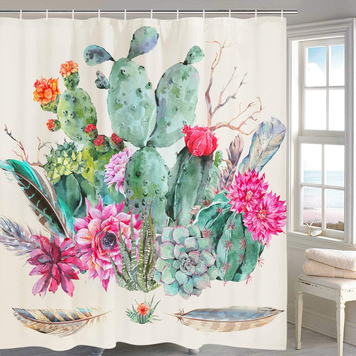 Cactus Shower Curtain Watercolor Cactus Flower in Boho 70" L × 69" W Multi #3 