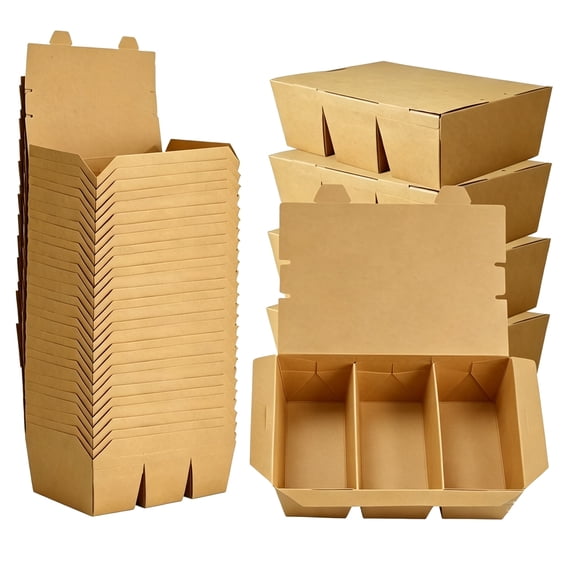 30 Pack 50 oz Paper To Go Containers, 3 Compartment Kraft Brown Take Out Food Boxes, Disposable Microwave Safe Leak-Proof and Grease-Resistant for Restaurant, Catering, Office and Takeout Use