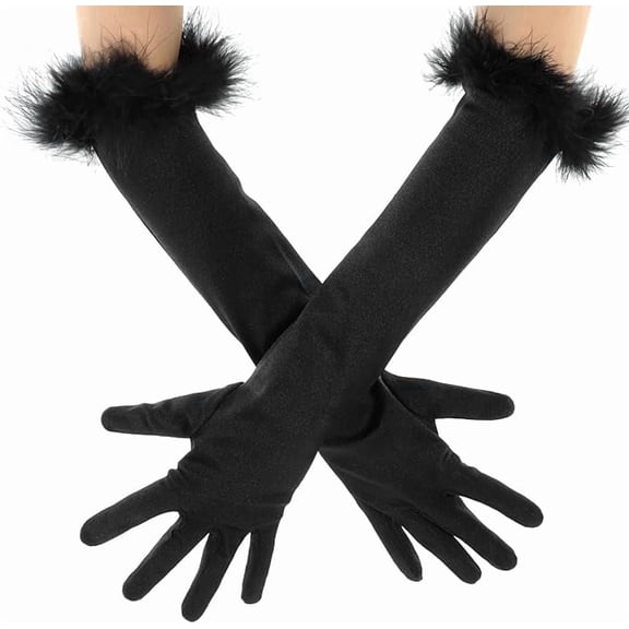 Long Satin Opera Glove,Gorgeous Feather Gloves,1920s style,Stretchy Elbow-Length Evening Glove, Long Black Gloves for Halloween, Wedding,Costume Parties & Pageants