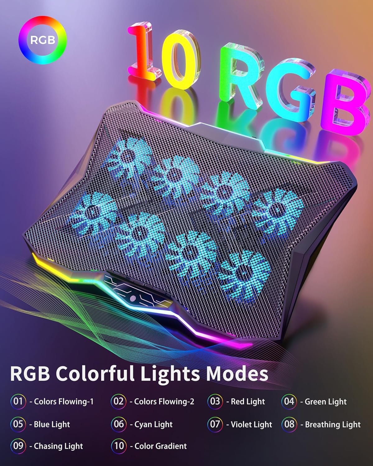 Gaming Laptop Cooling Pad with 8 Fans, RGB Computer Stand for 15.6-17.3 Inch Notebook 7 Height Slots, 2 USB Ports, AA3