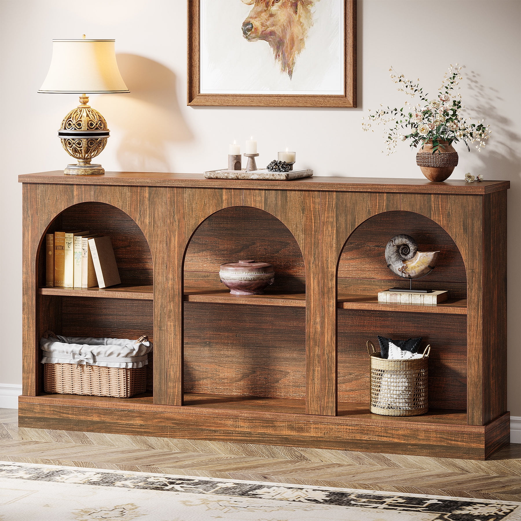 Tribesigns Farmhouse Console Table, 63-Inch 3 Tier Entryway Table with Storage, Wooden Rectangular Sofa Table Behind The Couch for Hallway, Dark Brown
