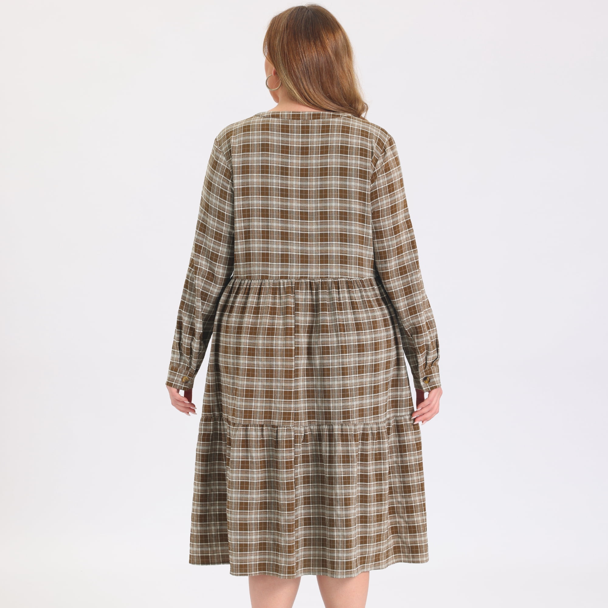 DARING DIVA Women's Plus Plaid A-Line Button Front Notch Dress 3X Brown