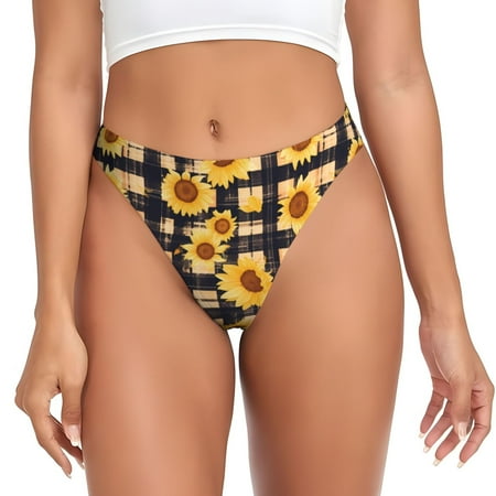 JUNZAN Vintage Black White Plaid Sunflowe Print Women s Sexy G-String Underwear Thongs Seamless Panties Undies Low Rise Thong Panties for Everyday Wear Yoga & Special Occasion-4X-Large