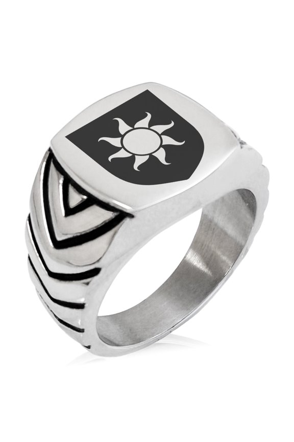 Stainless Steel Sun Splendor Coat of Arms Shield Chevron Pattern Biker Style Polished Ring