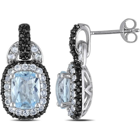 Tangelo 6-1/5 Carat T.G.W. Blue Topaz and Created White Sapphire with Black Spinel Sterling Silver Dangle Earrings