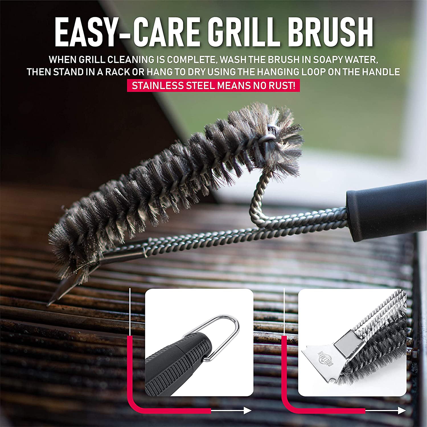 GRILLUMAID Grill Brush and Scraper, 2-in-1 BBQ Brush for Grill Cleaning - Extra Strong Reinforced Safe Wire Bristles, 18A BBQ Triple Scrubb