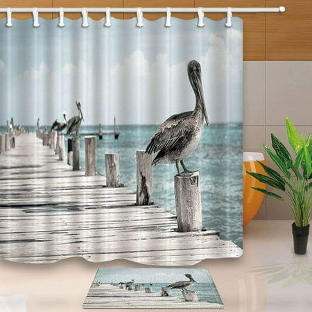 ARTJIA Birds Decor Pelicans on Wood of Bridge over Sea Shower Curtain 66x72 inches with Floor Doormat Bath Rugs 15.7x23.6