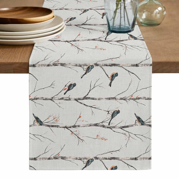 Vintage Botanical Table Runner, Birds Branch Watercolor Floral Washable Cotton Linen Table Runners 60 Inches Long, Dresser Scarf Runner for Coffee/TV Stands/Kitchen/Cabinets 13''x60''