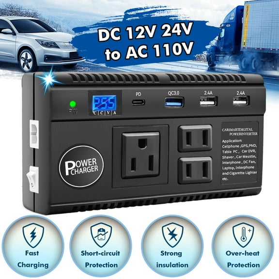 120W Power Inverter for Car Inverter 12V 24V to 110V with 2.4A 4 USB Ports 3AC Outlets  [33W PD Type-C]， [18W USB-QC 3.0]  for Vehicles Truck Laptop