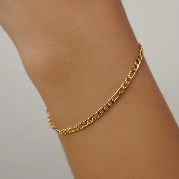 3MM Figaro Chain Unisex Bracelet 14K Yellow Gold Thin Chain Minimalist Stacking Wide Bracelet for Women Handmade Jewelry