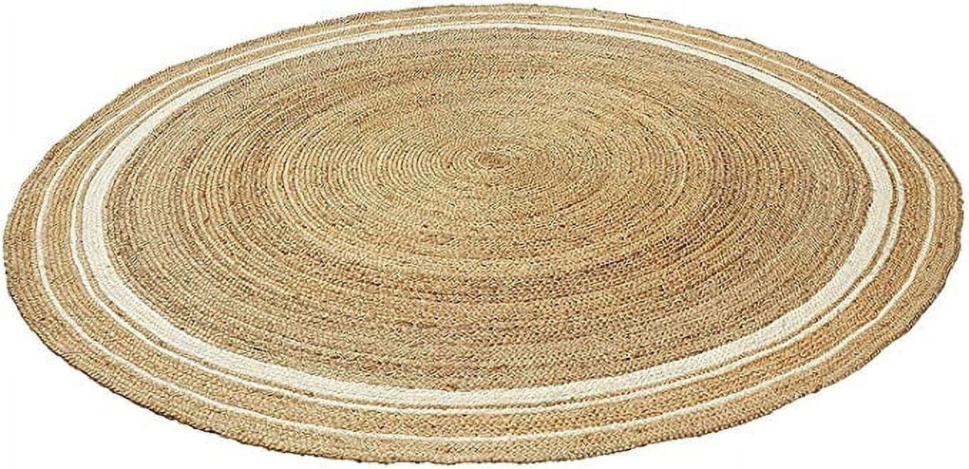 Ripaz Vogue Jute Rug Hand Woven Round Beige + White Border Living Room Area Rug, Farmhouse Rug (3 Feet Diameter)