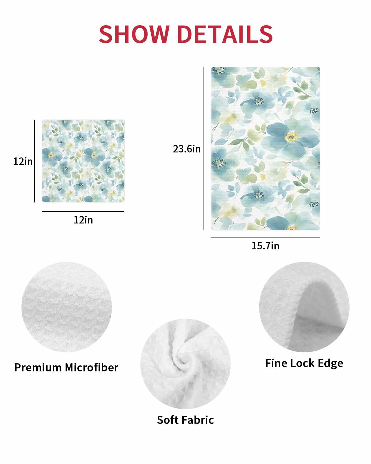 Teal Blue Flower Kitchen Dish Towels for Drying Dishes Set of 3, Abstract Garden Botanical Leaves Waffle Weave Microfiber Terry Hand Tea Bathroom Towels Quick Dry & Absorbent Towel 12x12