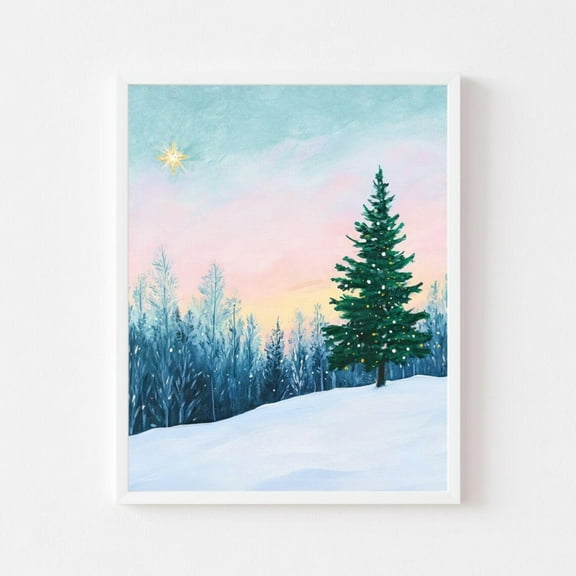 Kna Prints - North Star Tree Painting Pastel Winter Sunrise Wall Art Print Girly Snow Landscape Holiday Light Wall Art Decor For Home Office, UNFRAMED-8x12