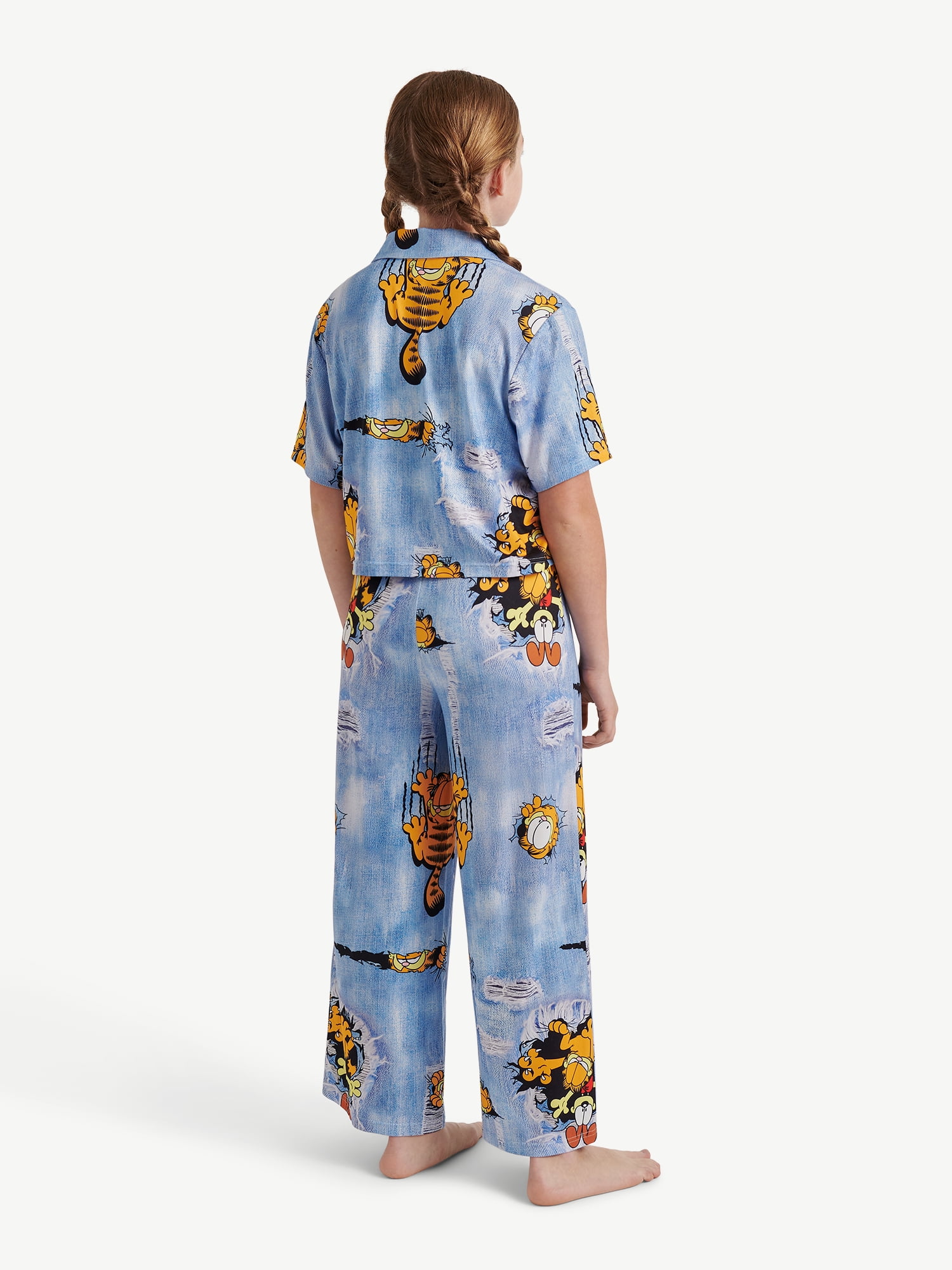 Justice Girls Short Sleeve Button Top with Pant Pajama 2-Piece Set, Sizes 5 to 18