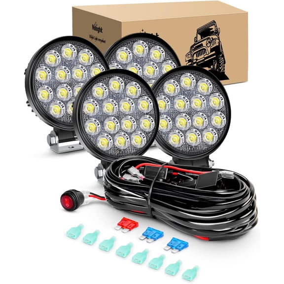 Nilight LED Pods 4Pcs 4.5Inch 42W Round Flood Off Road Fog Lights Driving Roof Light Bar Work Lighting 4200LM with 16AWG Wiring Harness Kit-4 Leads for Truck ATV UTV SUV Boat