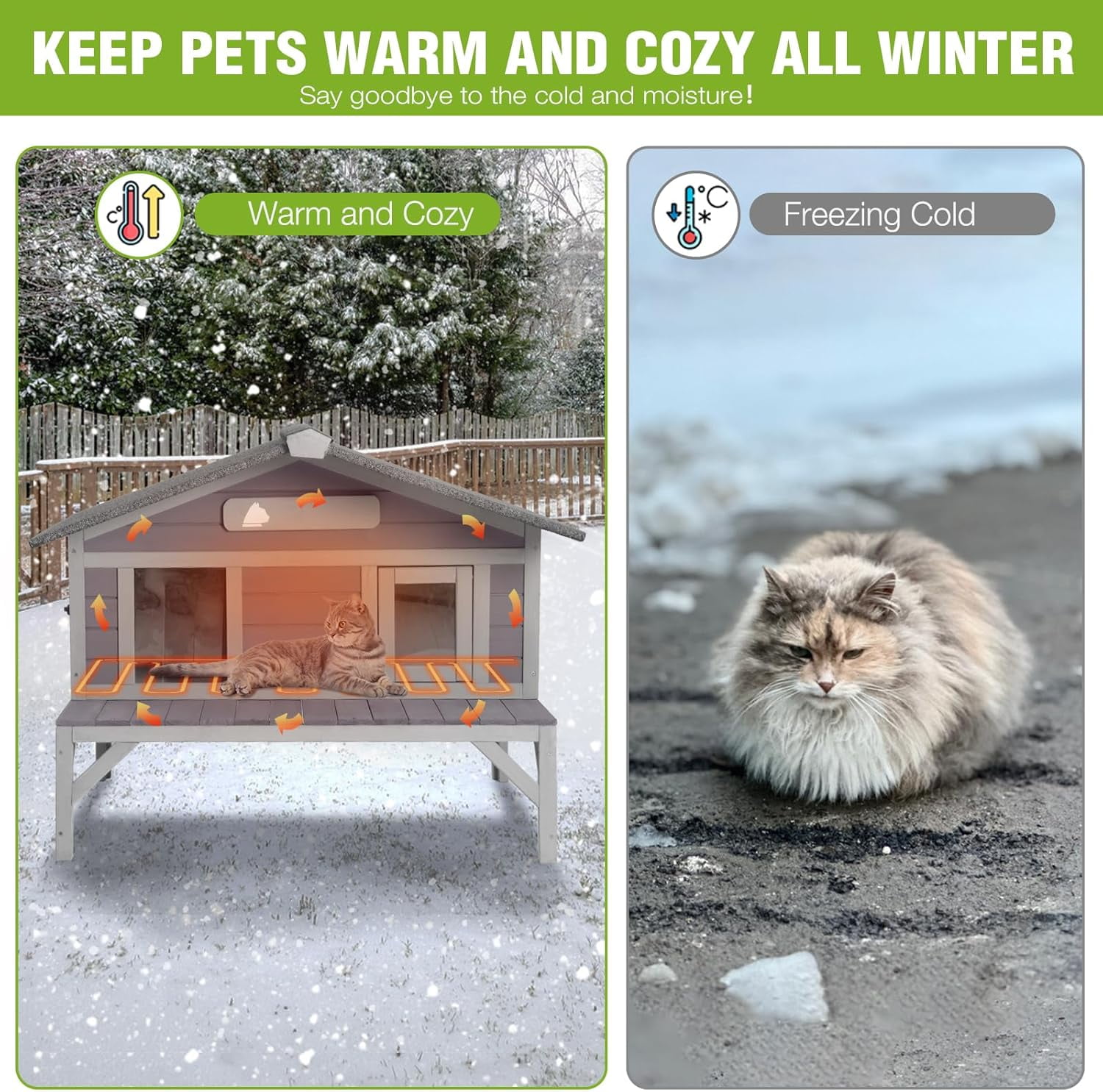 MEDEHOO Heated Cat House Large Insulated Cat House Outdoor Weatherproof Feral Cat Shelter with Heated Pad, Insulated All-Round Thermal Liner for 1-4 Cats (Winter-Ready)