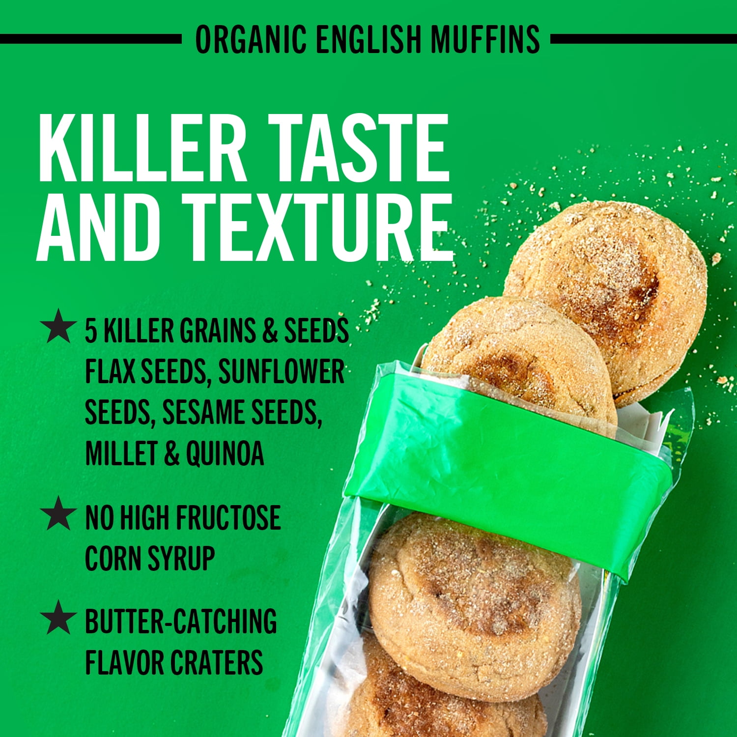 Dave's Killer, Bread Rockin' Grains English Muffins, Organic Whole Grain English Muffins, 6 Count