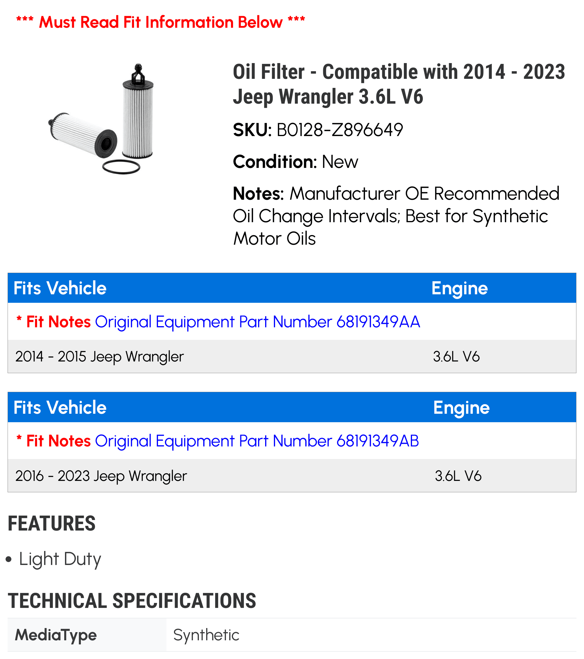 Oil Filter - Compatible with 2014 - 2023 Jeep Wrangler 3.6L V6 2015 2016 2017 2018 2019 2020 2021 2022