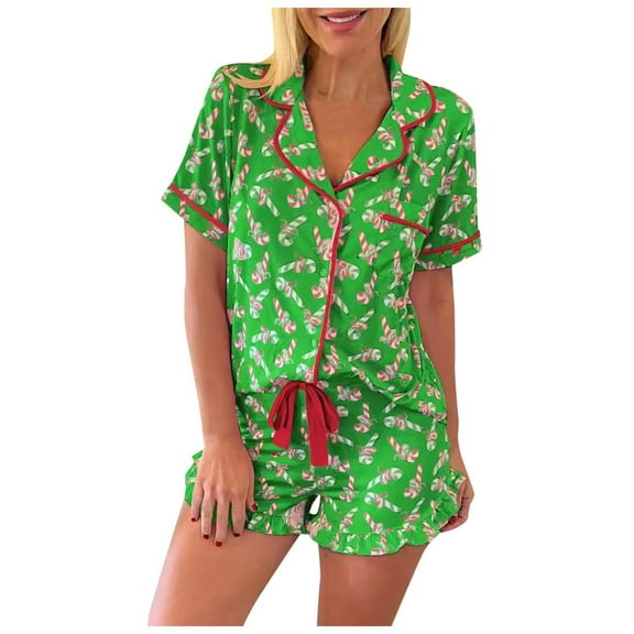 Christmas pajamas Women's Christmas Candy Cane Print Pajama Set With Ruffle And Lace 2 Piece Loungewear
