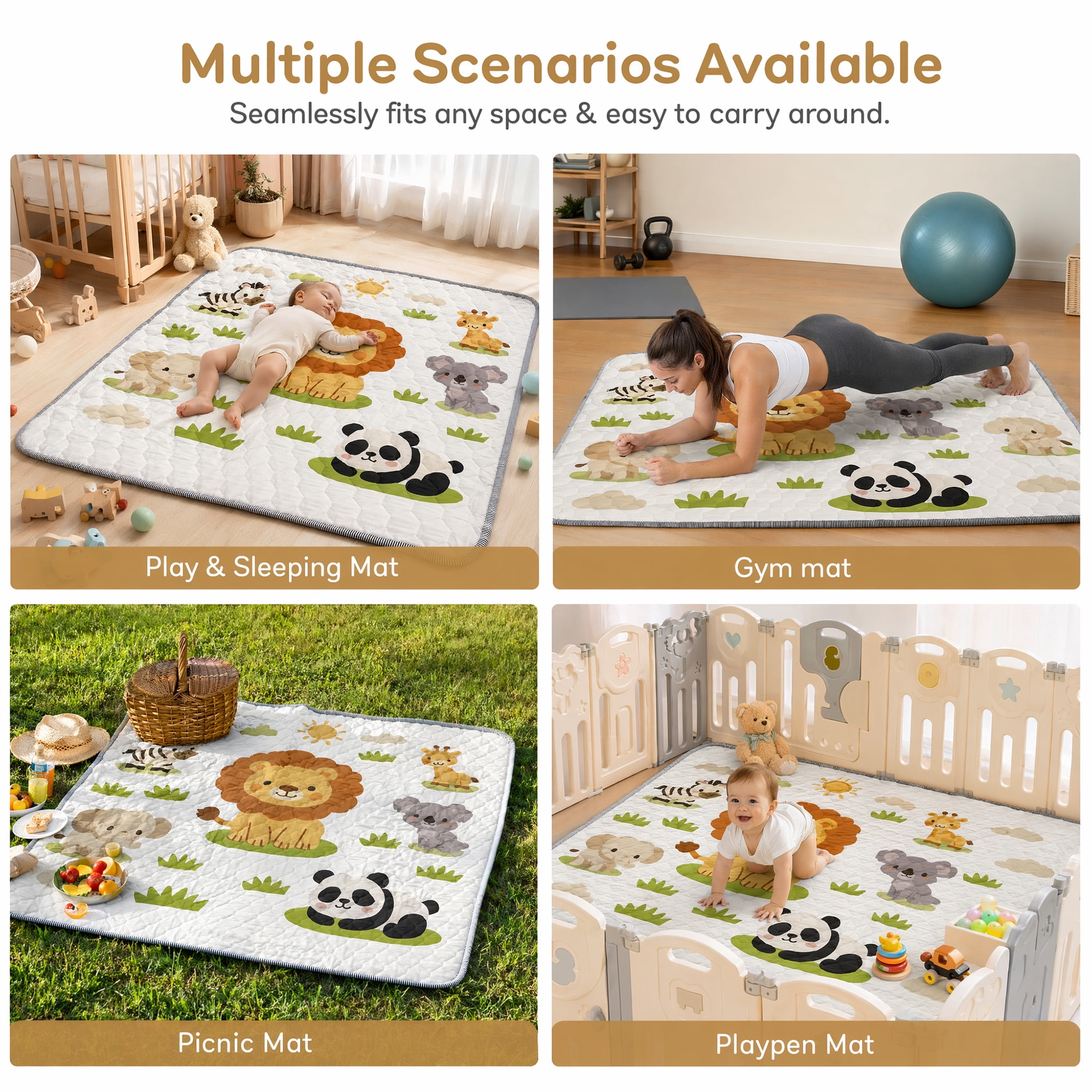 BEAUTYPEAK Baby Play Mat, 50"x50" Mat Perfect for Use Baby Playpen,Non-Slip Foldable Mat for Toddlers and Babies