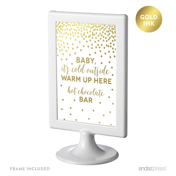 Metallic Gold Confetti Polka Dots 4x6-inch Party Signs, Baby It's Cold Outside, Warm Up Here, Includes Frame
