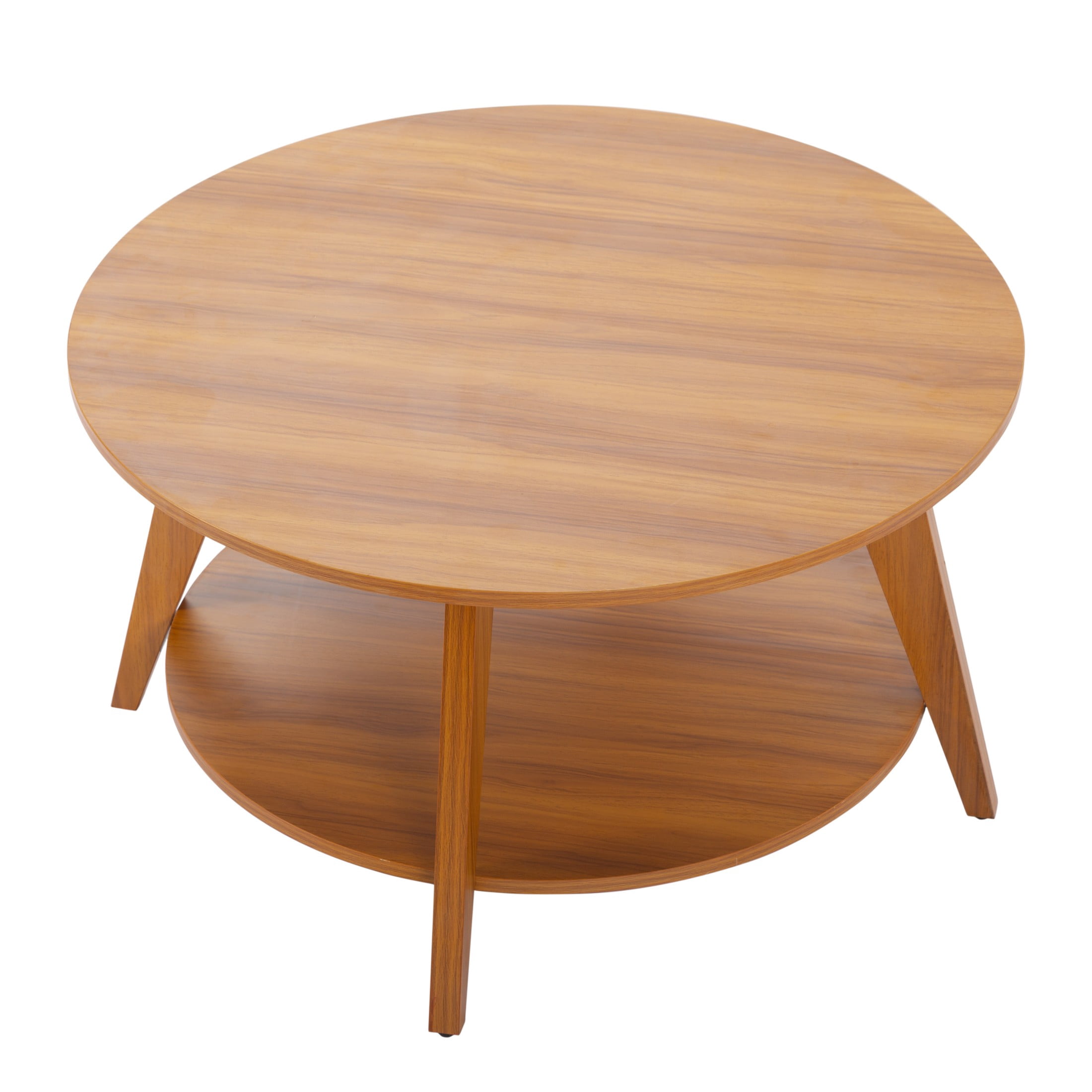 31.5” Round Modern Side Table with 2-Tier Storage, Walnut MDF, Non-Slip Feet for Living Room, Bedroom, Office (Natural)
