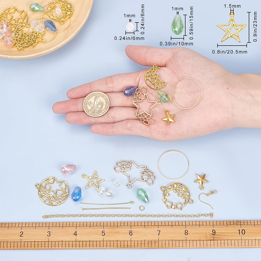 1 Box DIY 10 Pairs Star Moon Dangle Earrings Making Starter Kit Long Drop Stud Hoop Earrings Gold Moon and Star Pendant Charms Linking Rings