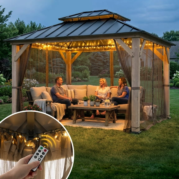 Sunjoy 10x12ft. Outdoor Cedar Wood Gazebo With Mosquito Netting and Galvanized Steel Roof, LED String Lights - Brown