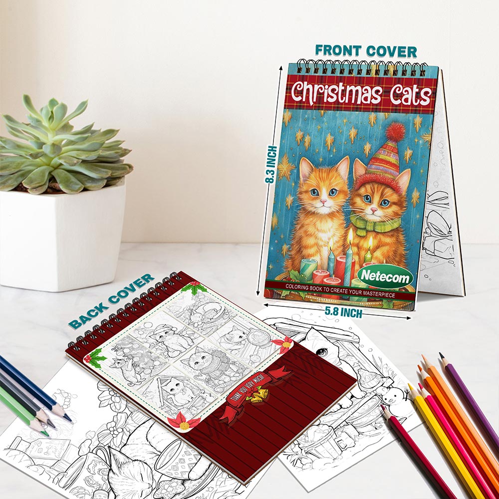 Netecom Christmas Cats Coloring Book Spiral Bound for Adults, A5 Wooden Cover, 30 Playful Coloring Pages of Festive Cats in Holiday for Stress Relief and Relaxation
