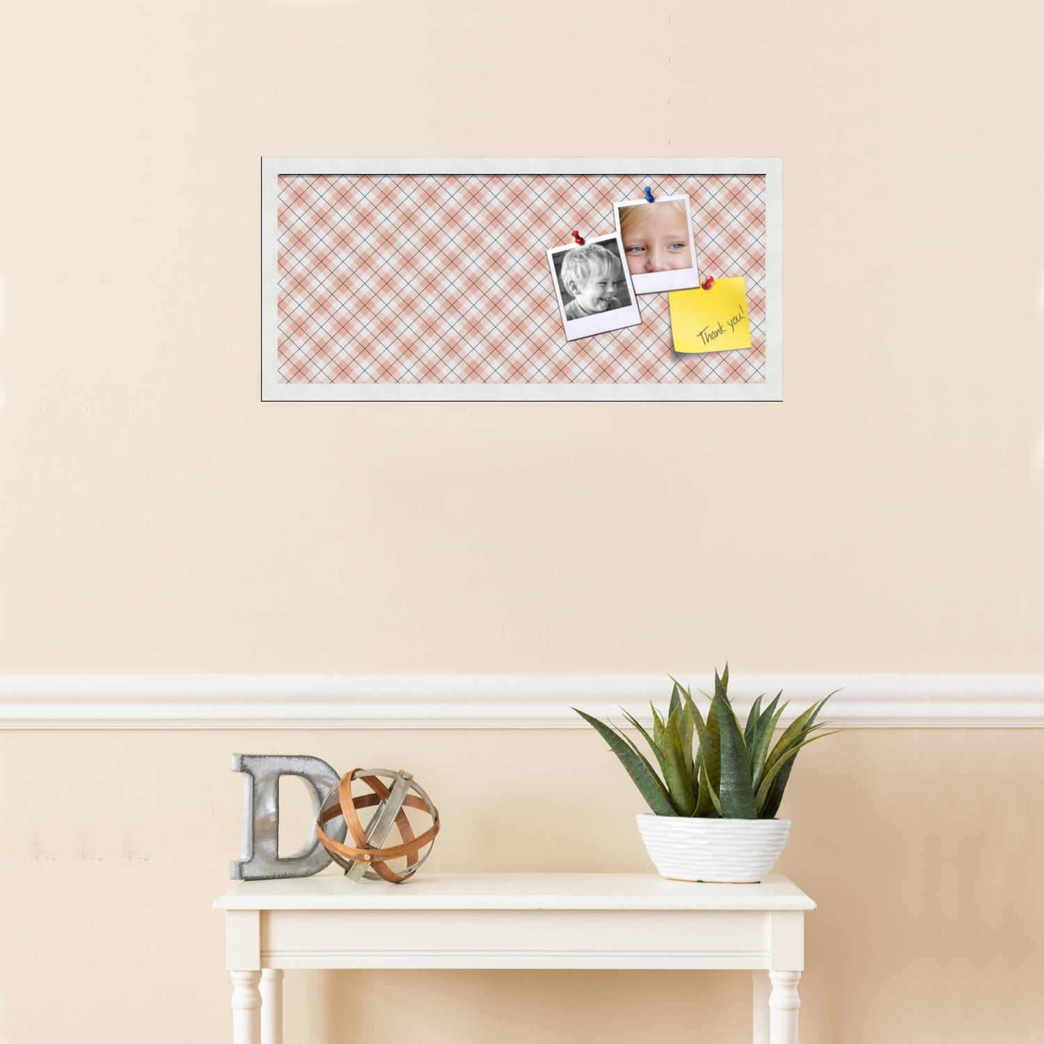PinPix ArtToFrames 26x10 Custom Cork Bulletin Board Argyle Tan   Poster Board Has a Fabric Style Canvas Finish, Framed in Satin White Frame (PinPix-643)