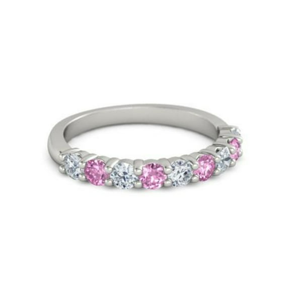 925 Sterling Silver Round 2.50 MM White Cz Pink Spinel Half Eternity Women Ring Size US- 4