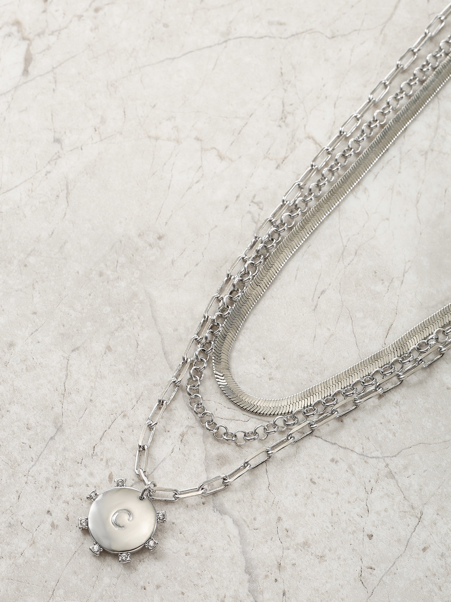 Time and Tru Silvertone Necklace, 3 Piece, Initial C