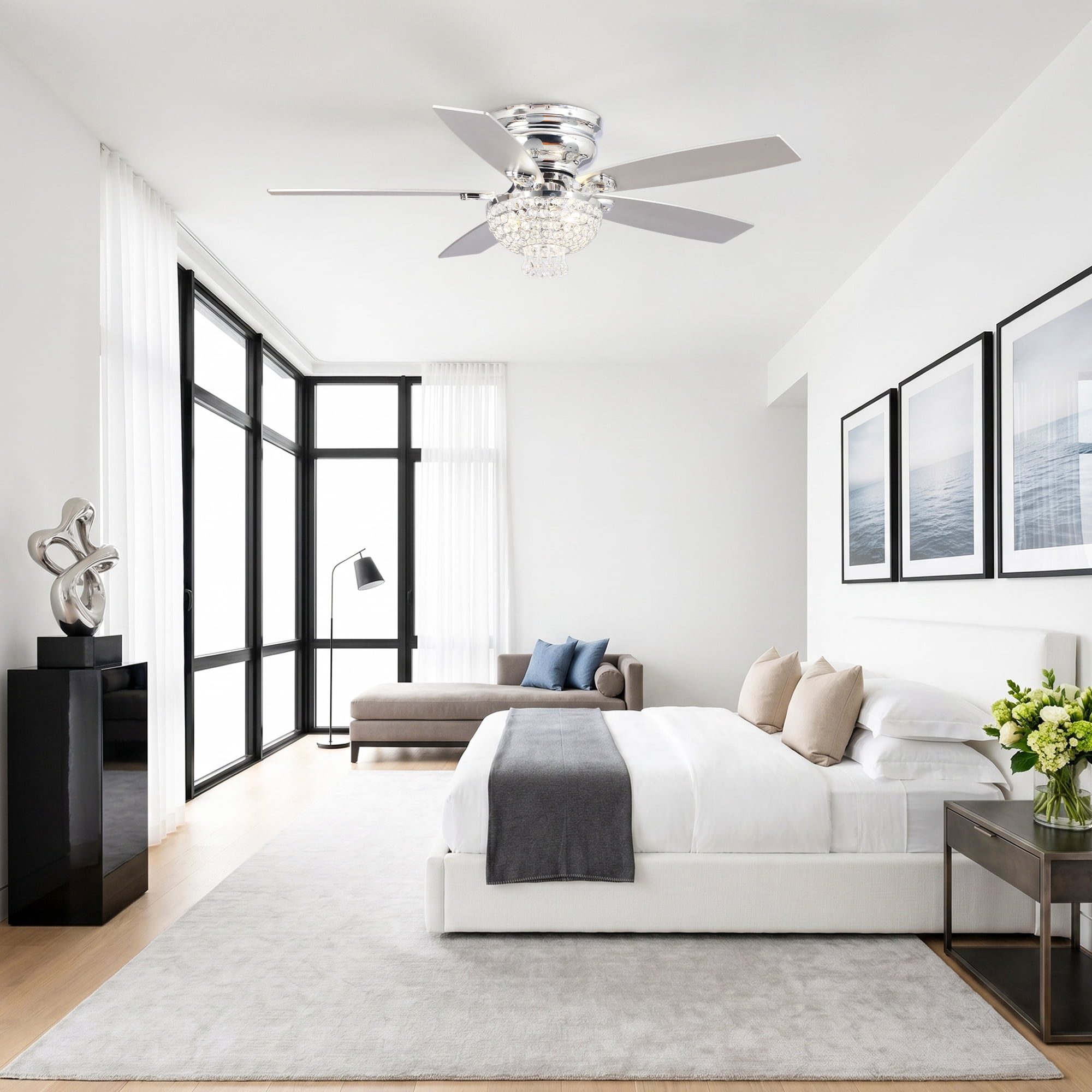 Parrot Uncle 52" Modern Chrome Flush Mount Chandelier Ceiling Fan with Lights and Remote, Low Profile Ceiling Fan for Bedroom, Living Room