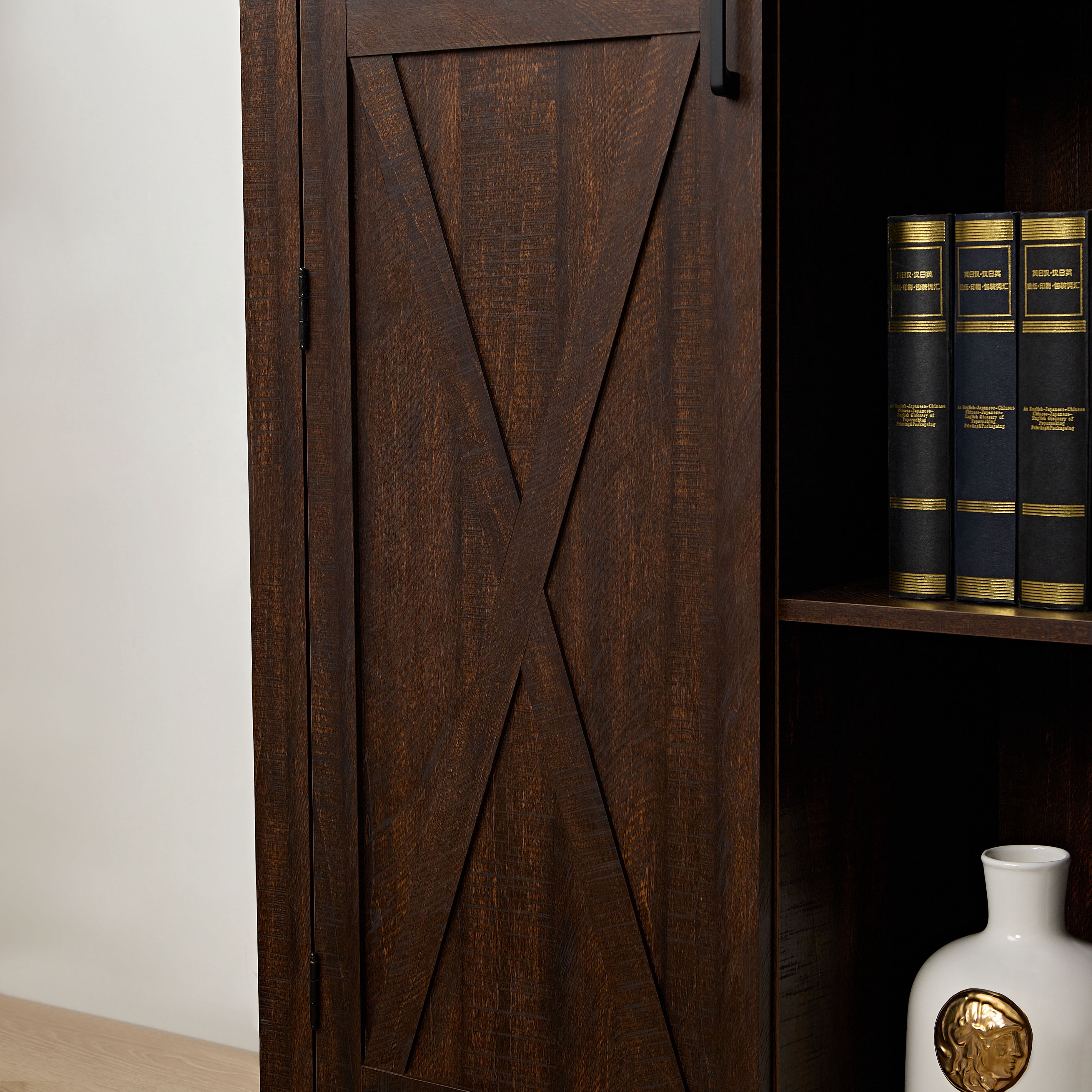 Rustic Farmhouse Tall Storage Cabinet Bookcase with Sliding Barn Door, Adjustable Shelf, Pantry Cupboard Kitchen Organizer Furniture Home Drawer Shelves