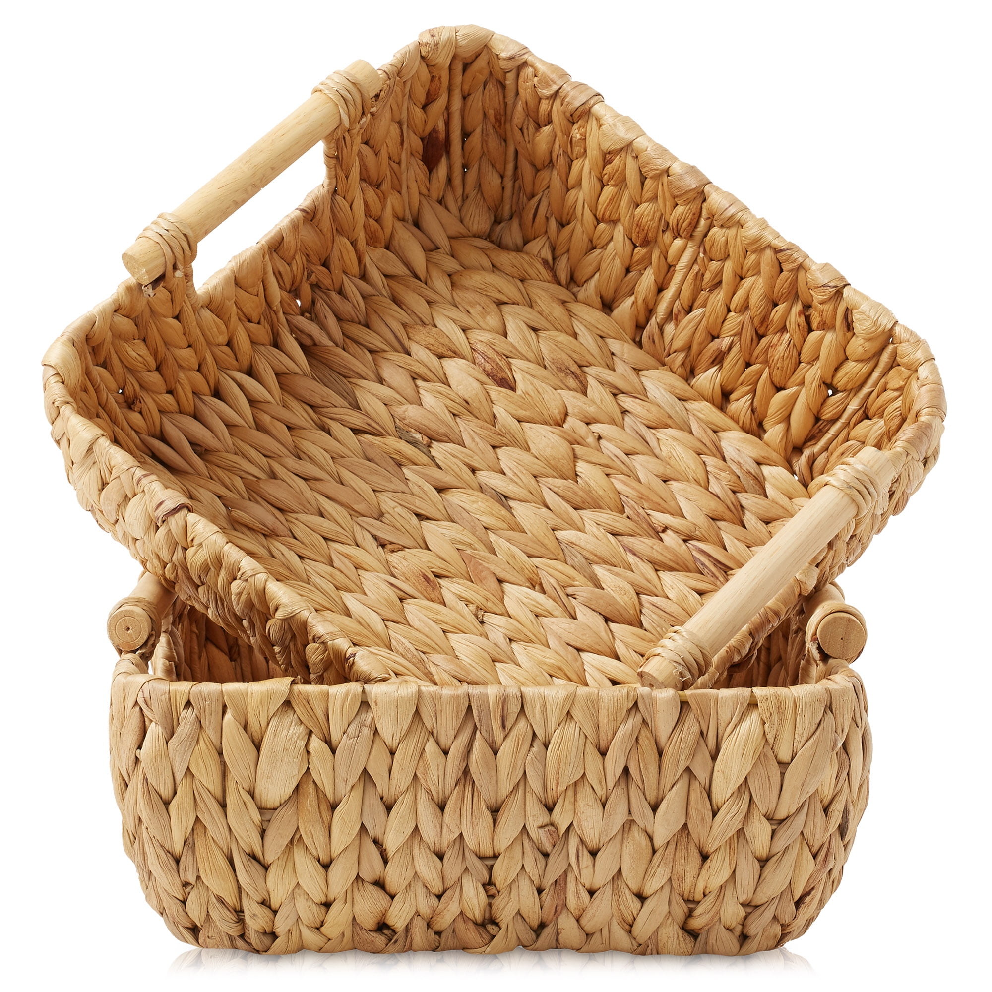 Casafield (Set of 2) Water Hyacinth Oval Storage Baskets with Wooden Handles - Small Woven Bin Organizers