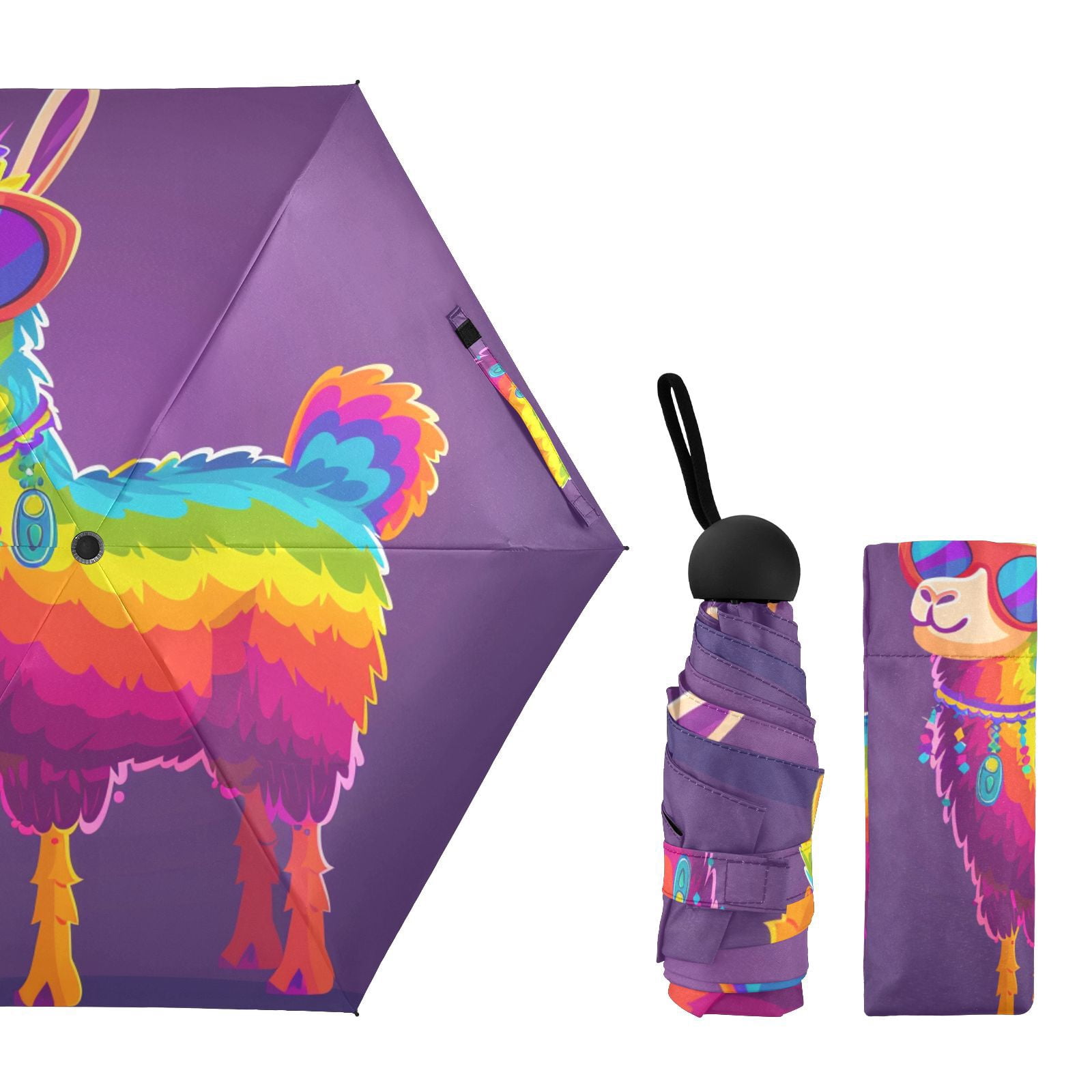 JSTEL Rainbow Color Llama Alpaca Folding Umbrella for Rain Sun Travel Mini Lightweight Compact Umbrellas