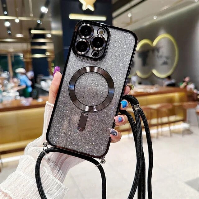 Crossbody Lanyard Gradient Glitter Magnetic Case For iPhone 15 14 13 12 11 Pro Max Plus For Magsafe Plating Soft TPU Back Cover