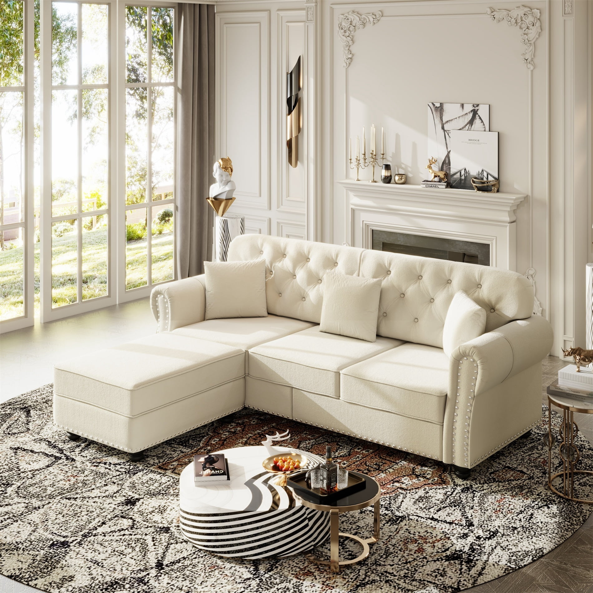 Alvantor 83" Cloud sofa with Ottman, Upholstered Velvet Couch with Nailhead Trim and Rolled Armrests, Mid-Century Modern Sofa for Living Room Beige