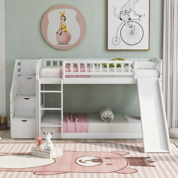 Stairway Twin over Twin Bunk Bed with Slide and Two Drawers in White, Spacious & Safe