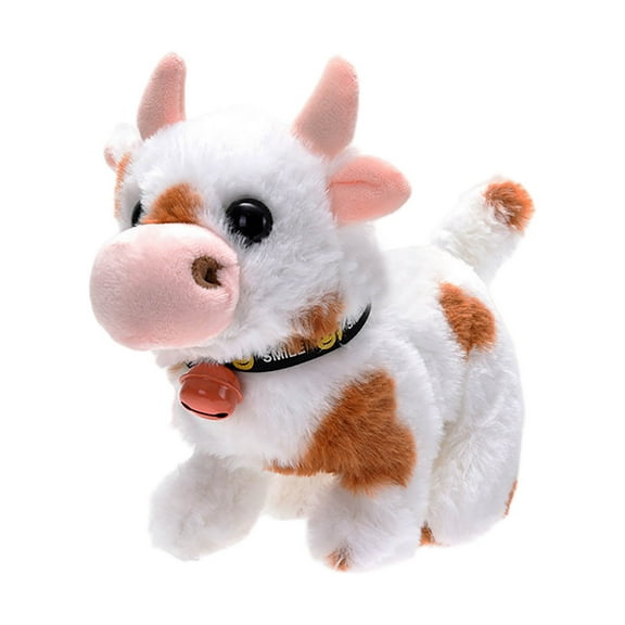 Electronic Walking Cow Plush Toy with Sound, Realistic Brown Stuffed Animal Wearing Scarf, Interactive Robotic Farm Pet, Animated Motion Figure, Hobby 7in
