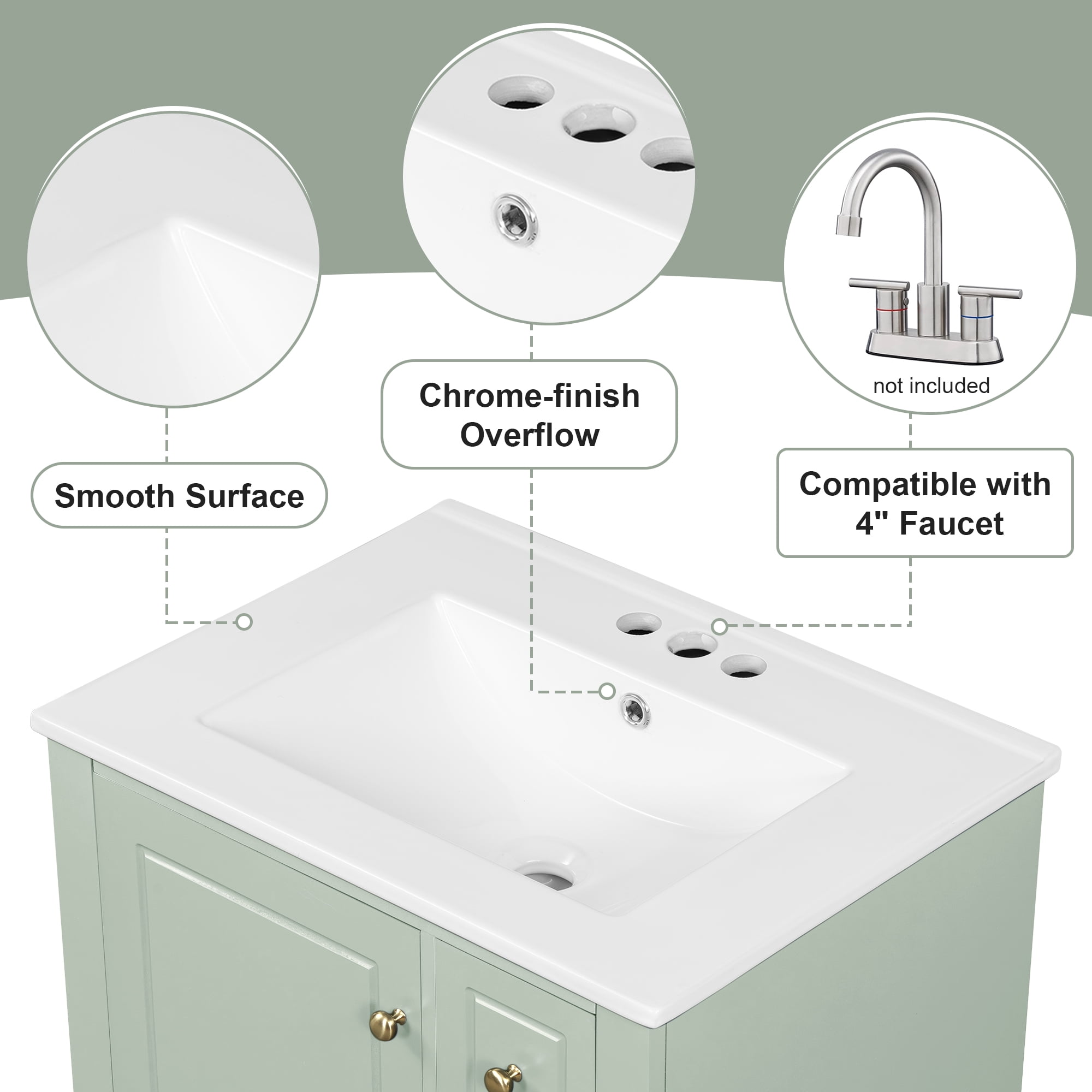 Aukfa 24" Bathroom Vanity with Ceramic Sink, Freestanding Solid Wood Base Cabinet,3 Drawers & Side StorageGreen