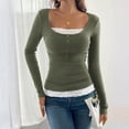 thumbnail image 2 of CIENVNSTG Women Lace Patchwork Ribbed Knit Tee Scoop Neck Casual Slim Fit Long Sleeve Crewneck Button Up Ruched Crop T-Shirts Army Green L, 2 of 7