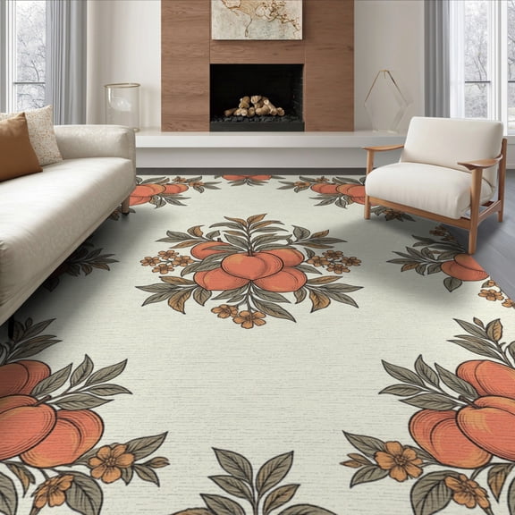 ODIKA 8'x10' Washable Area Rug Non-Slip Chair-Friendly Mat Vintage Orchard Design With Rustic Floral Corner Accents Peach Fruit Refined for Dining Room, Large Office, Lounge