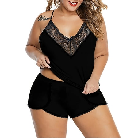 KVMeteor Women Plus Size Sleepwear Lingerie Sets Lace Strappy Tops Pajamas Underwear