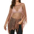 thumbnail image 2 of Women's Fringe Tassel Hollow Out Knit Beach Cover Up, Lightweight Flowy Poncho with Side Split Design, for Summer Poolside, Seaside Vacation or Resort Wear Rose Gold One Size, 2 of 4